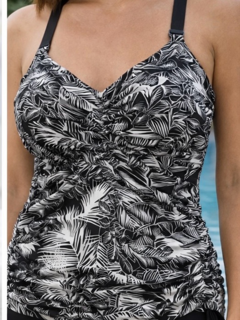 Oceanlly Black White Tropical Tankini Top Size M Adjustable Straps